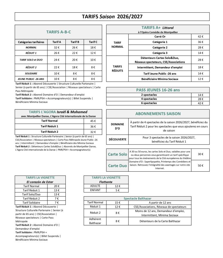 Tableau tarifs 2026/2027 